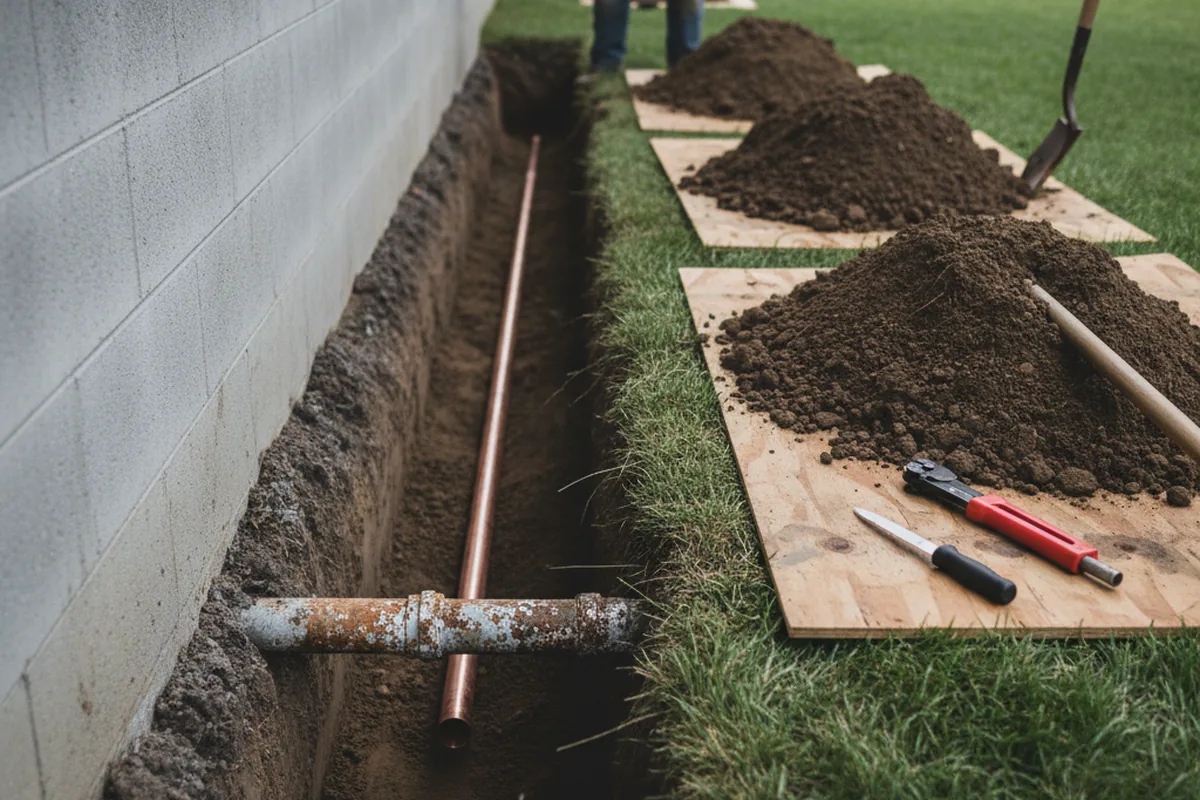 Excavated water line trench during Water Heater Repair in Baldwin
